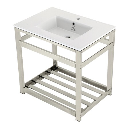 Kingston Brass VWP3122A6 31" Ceramic Console Sink (1-Hole), White/Polished Nickel VWP3122A6